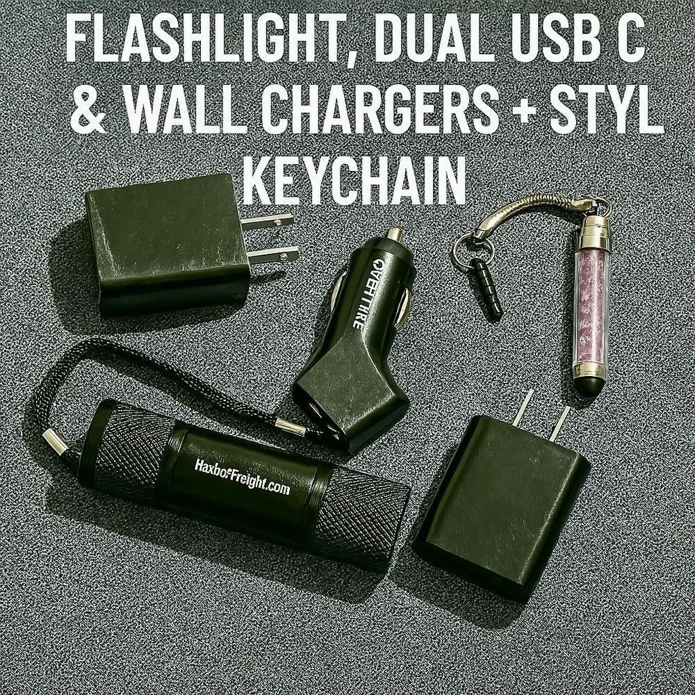 Electronics Gadget Lot –Flashlight, Dual USB Car & Wall Chargers+Stylus Keychain